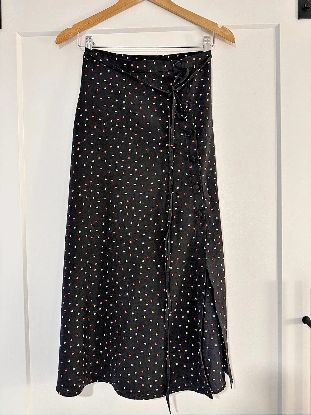 TOPSHOP Polka Dot Midi Skirt in Black Size 2